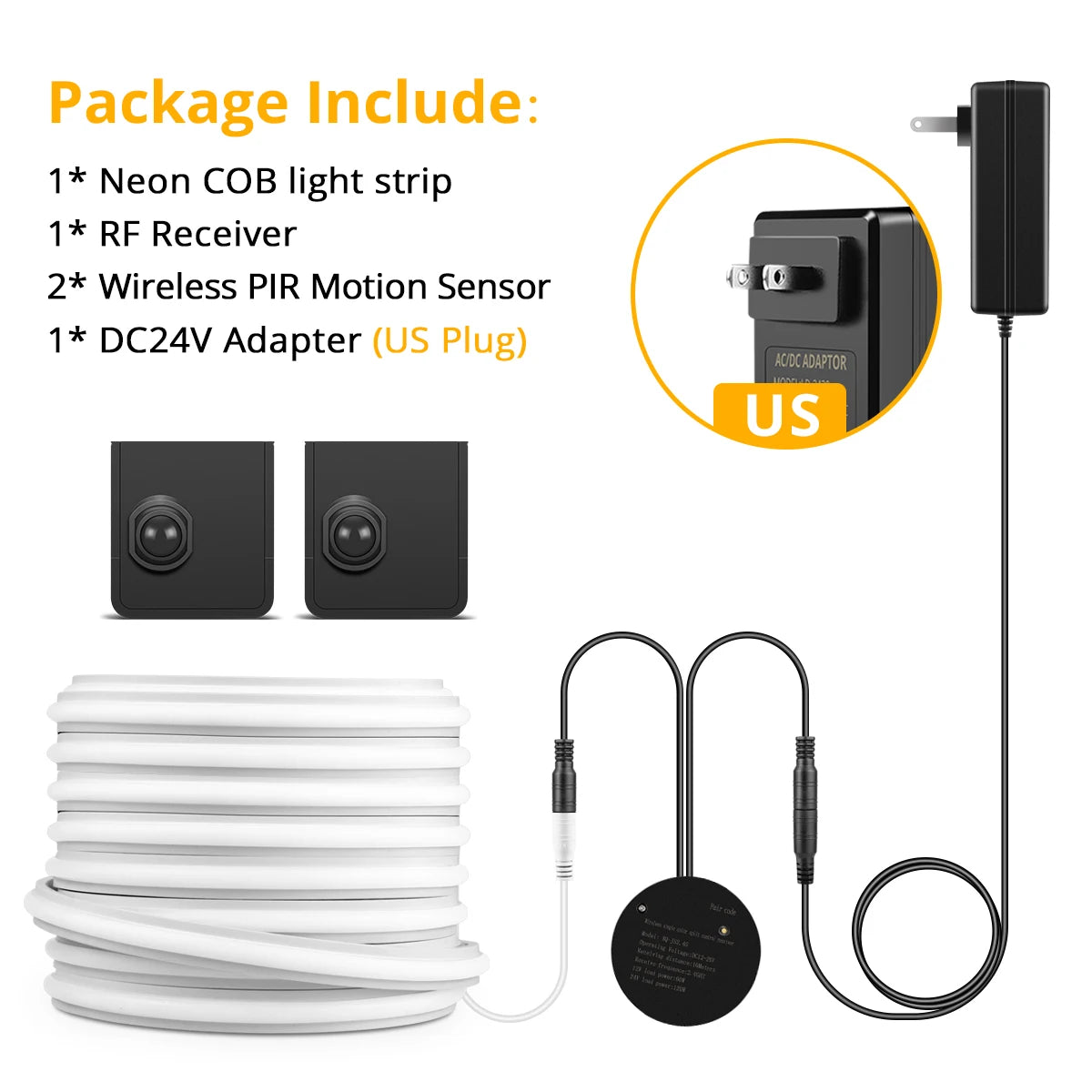 24V COB Neon LED Strip Smart Night Lamp Portable PIR Motion Sensor Switch with Silicone Tape for Bed Stair Corridor Lighting Oasis Select 2Pcs Sensor-US Plug Warm White 5m