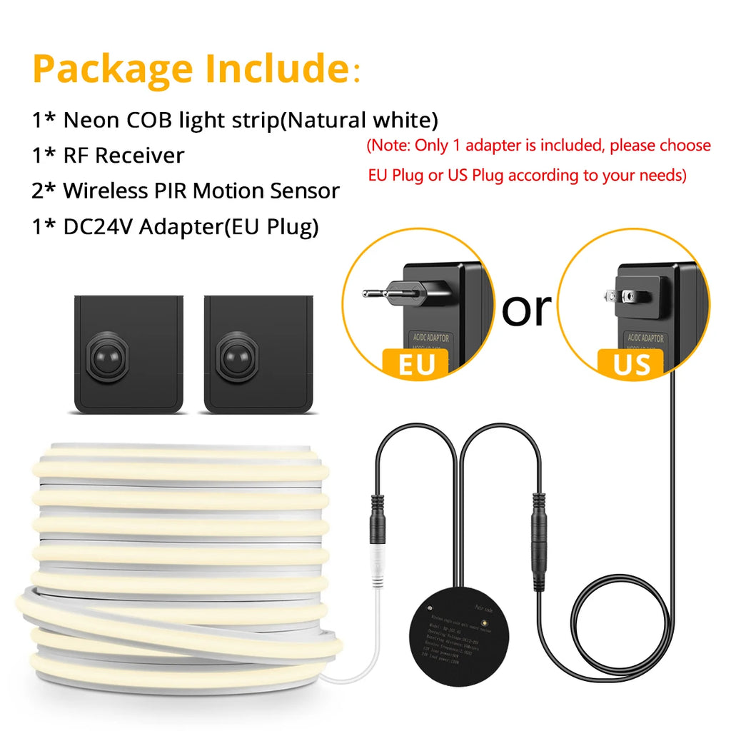 24V Wireless PlR Motion Sensor COB LED Neon Strip NightLight for Bed Bathroom Stair Hallway Lighting 3/5/10m Solid Silicone Tape Oasis Select 10M Length 2Sensor NeutralWhite US