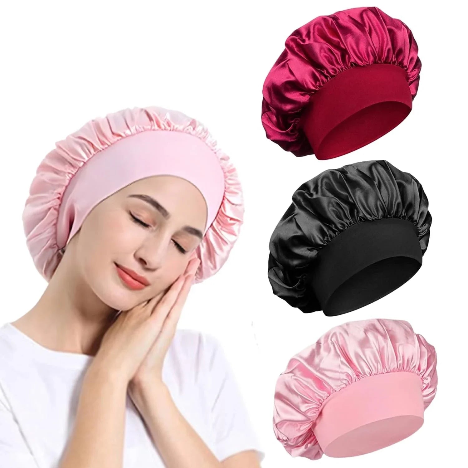 1pc Night Sleep Caps with Wide Elastic Band, Silk Wrap, Soft Head Cover Sleeping Hat for Women and Girls Curly Hair Oasis Select