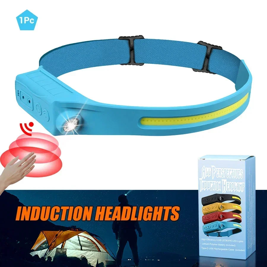 Powerful COB LED Sensor Headlamp USB Rechargeable Headlight Head Torch Work Light Head Flashlight for Fishing Lantern Camping Oasis Select 1PCS Blue