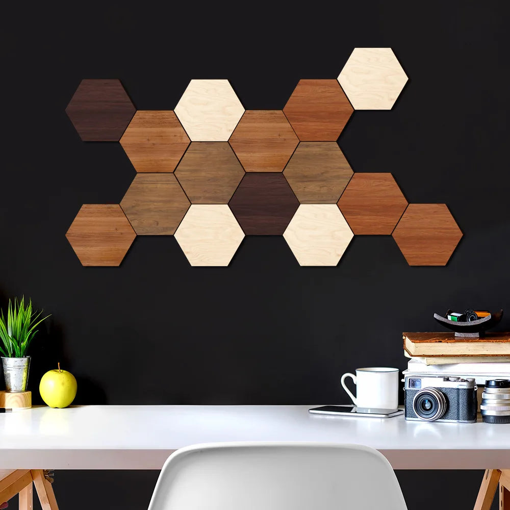 Creative Three-dimensional Combination Hexagonal Wooden UV-printed Wall Stickers for Home Background Wall Decoration Oasis Select