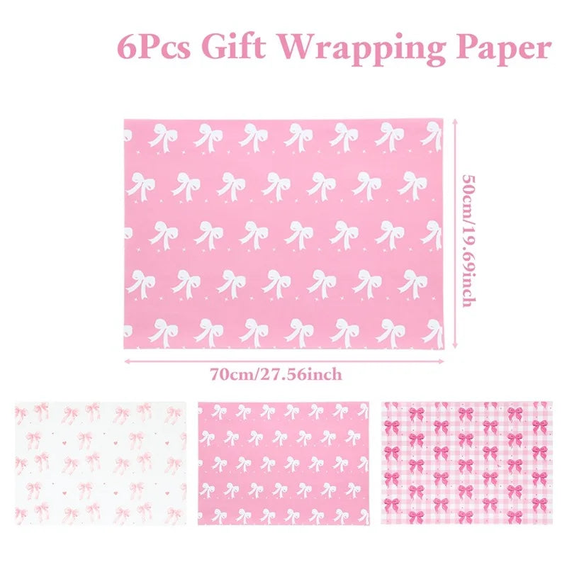 6Pcs Pink Bow 50x70cm Per Sheets Bow Theme Wrapping Paper Sheet Packaging For Kids Birthday Gift Wrap Craft Paper Decor Gifts Oasis Select A