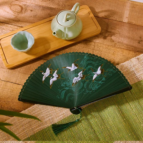 18cm Chinese style retro style all bamboo crane dark green big red bronzing folding fan portable cheongsam dance fan Oasis Select Emerald green