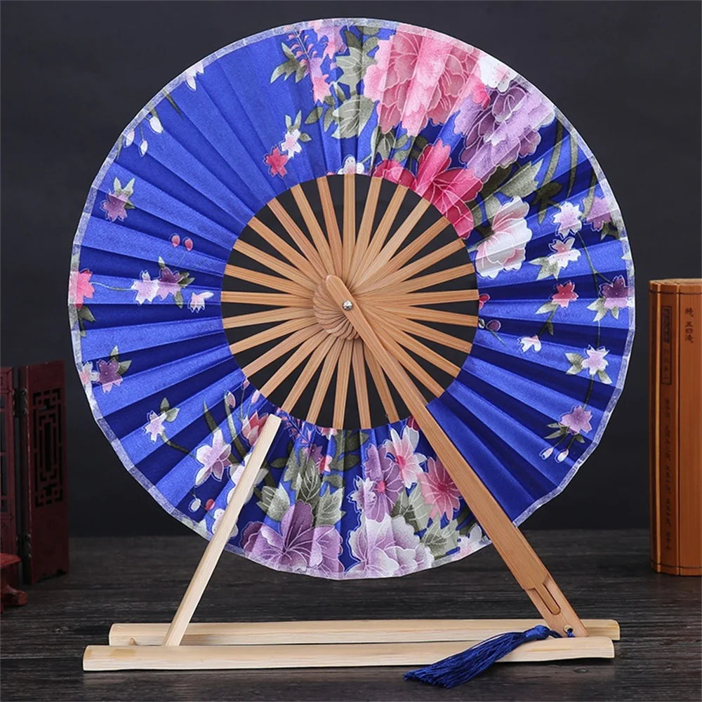 New Japanese Sakura Flower Pocket Folding Hand Fan Round Circle Party Decor Gift Bamboo Windmill Folding Fan Chinese Fans Oasis Select Sapphire blue
