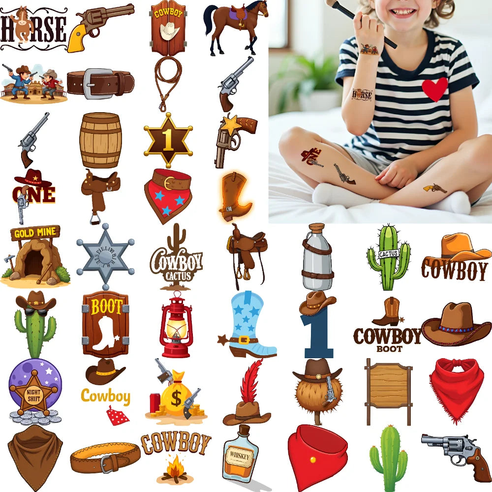 63-Piece Waterproof Temporary Tattoos – Western Cowboy Stickers