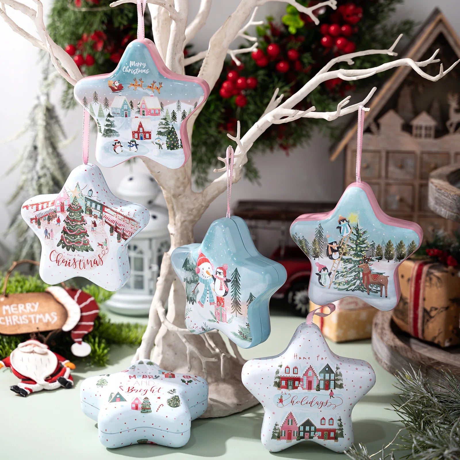 Christmas Tin Box Star Shaped Chocolate Cookies Candy Box With Hanging Rope Christmas Storage Box Ornaments Gifts Oasis Select