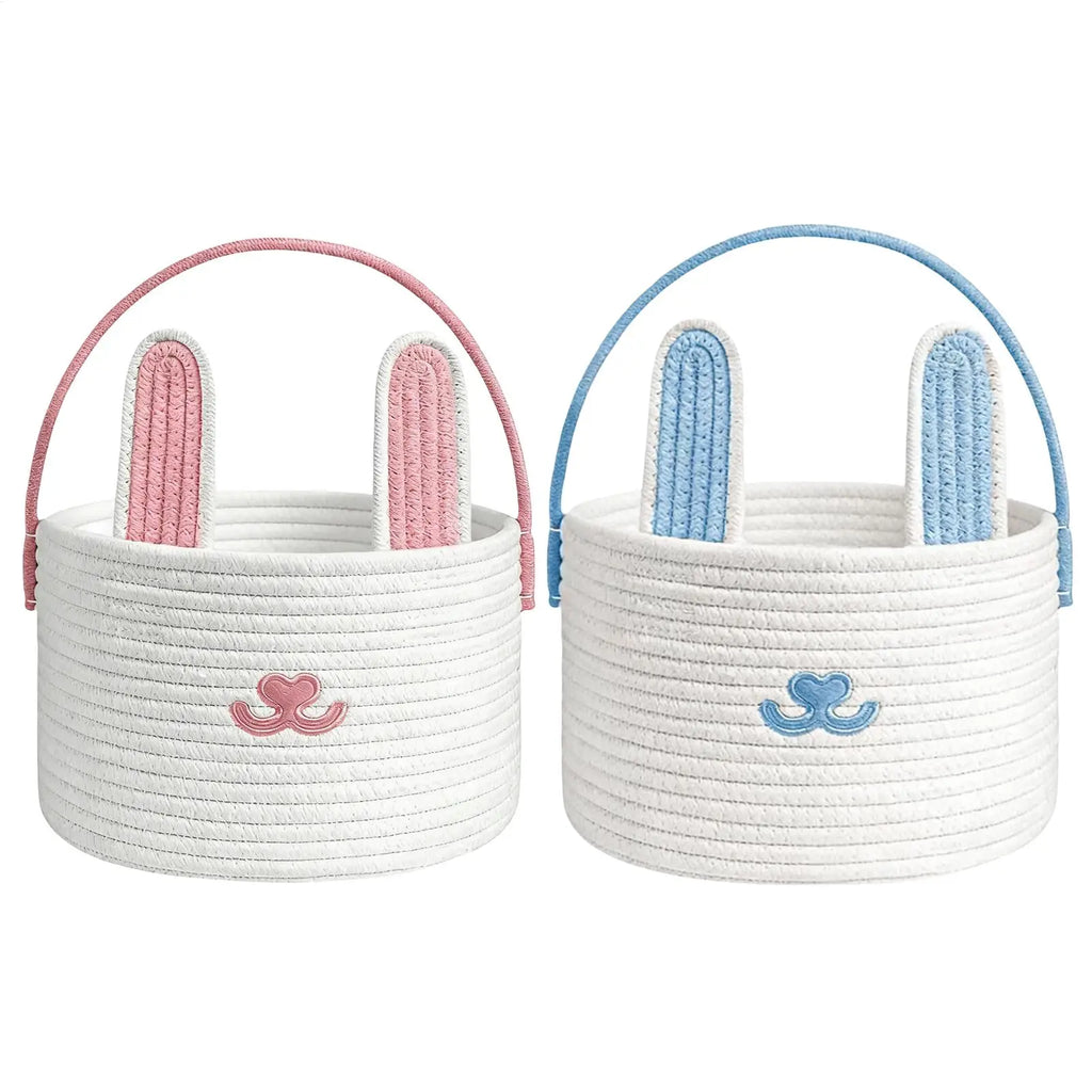 Easter Bunny Basket for Kids Cotton Rope Egg Hunt Container Easter Bunny Baskets with Handle for Toys Snacks Party Holiday Oasis Select