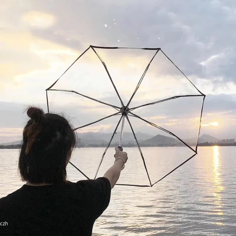 Korean Transparent Folding Umbrella – Auto Open & Close, 3-Fold