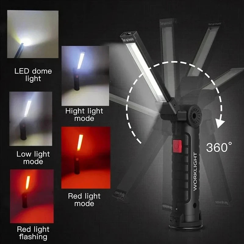 Rechargeable Camping LED Work Light COB Flashlight with Magnet and Hook Waterproof 5 Lighting Modes Suitable for Night Work Oasis Select