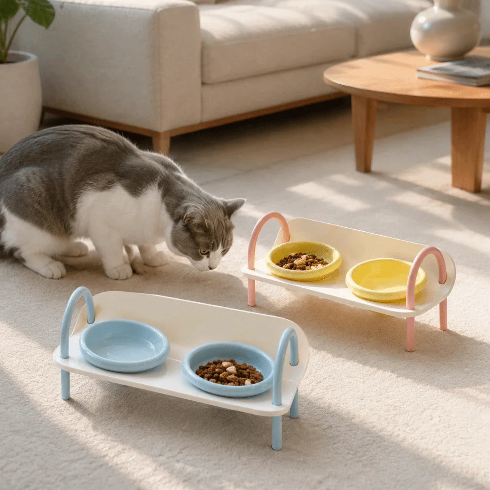 Ceramic Pet High Footed Bowl Non-Slip Anti-flip Elevated Pet Feeder Bowl Neck Protection Double Bowls Cat Food Water Bowl Oasis Select