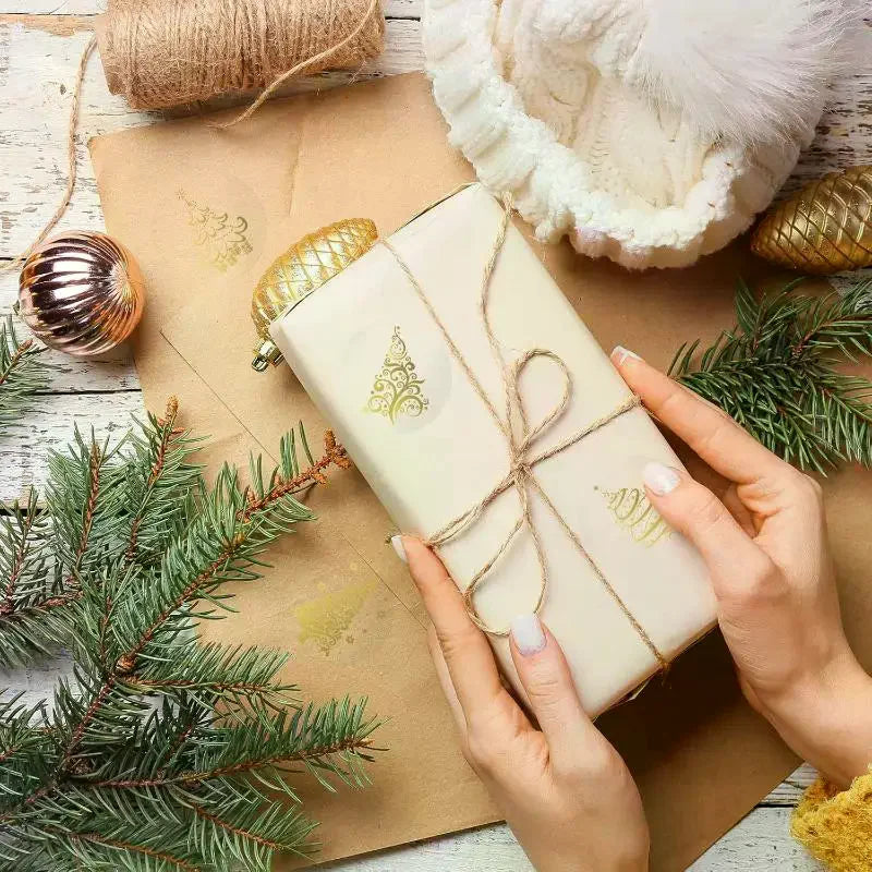 Golden Foil Christmas Stickers 500pcs, Transparent Xmas Tree Sealing Labels for Invitations Cards Gifts Envelopes Decoration Oasis Select