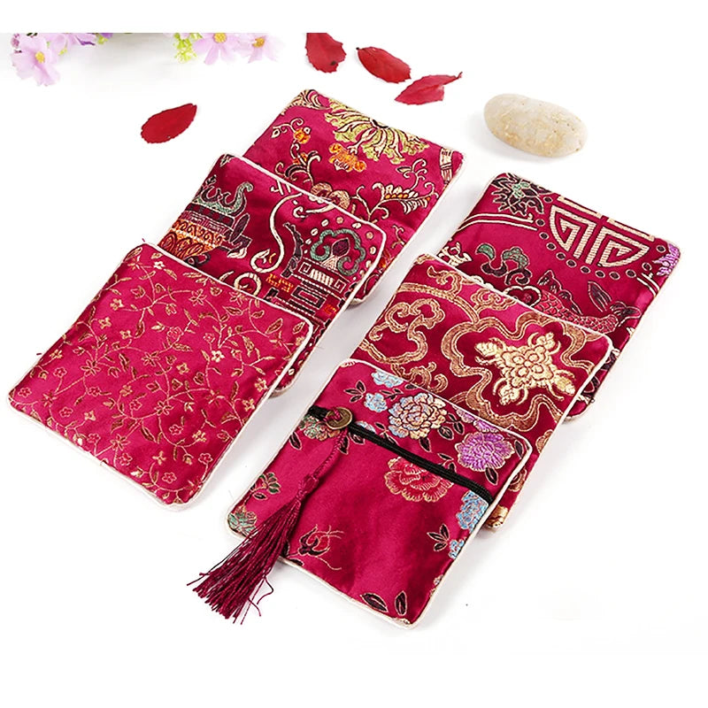 Chinese Brocade Jewelry Storage Bag Handmade Silk Embroidery Padded Small Zipper Tassel Jewelry Organizer Pouch Satin Gift Bag Oasis Select D Other