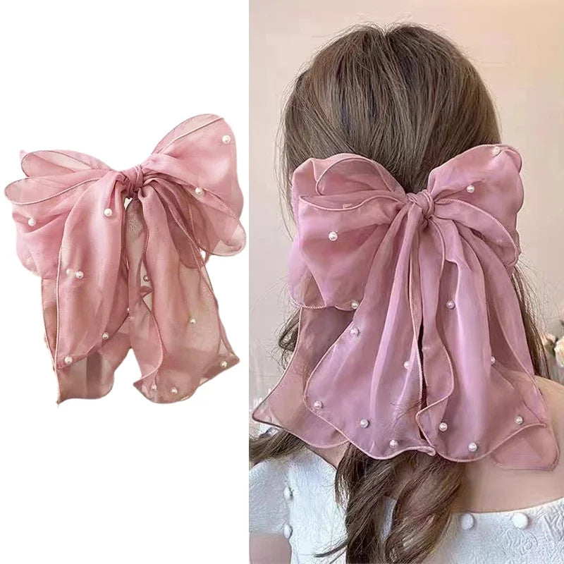 Fashion Ribbon Pearl Bow Hair Clips For Women Elegant Chiffon Bowknot Ponytail Clip Pin Bows Barrette Sweet Headwear Accessories Oasis Select