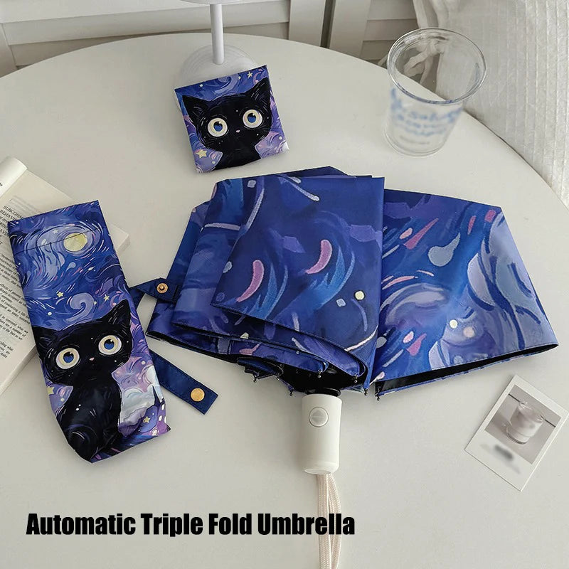 Cartoon Cat Purple Folding Umbrella Professional Sun Protection And UV Protection Umbrella Dual use of Rain and Sunny Automatic Oasis Select automatic 8K iron