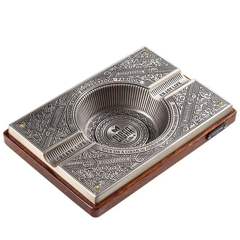 Vintage Carved CIGAR ASHTRAY large double slot club bar household solid wood metal ashtray cigar ashtray Oasis Select Silver
