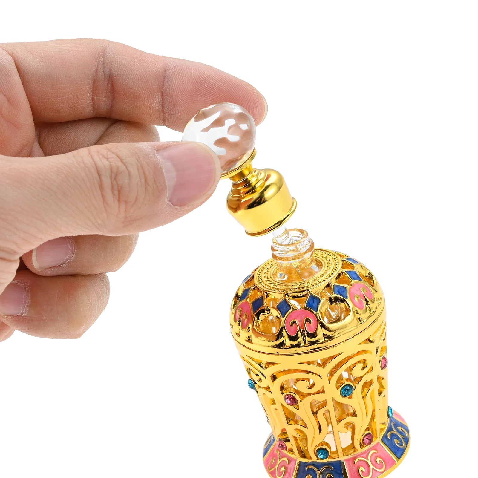 12ml Empty Perfume Bottle Golden Hollow Enamel Flower Glass & Metal & Crystal Decor SPA Refilling Lotion Essential Oil 93mm/3.7" Oasis Select