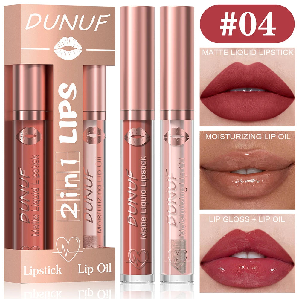 DUNUF Lip Gloss And Lip Oil Set 2-Piece Long-Lasting Waterproof Matte Moisturizing Non-Fading Lipstick Collection Oasis Select 04