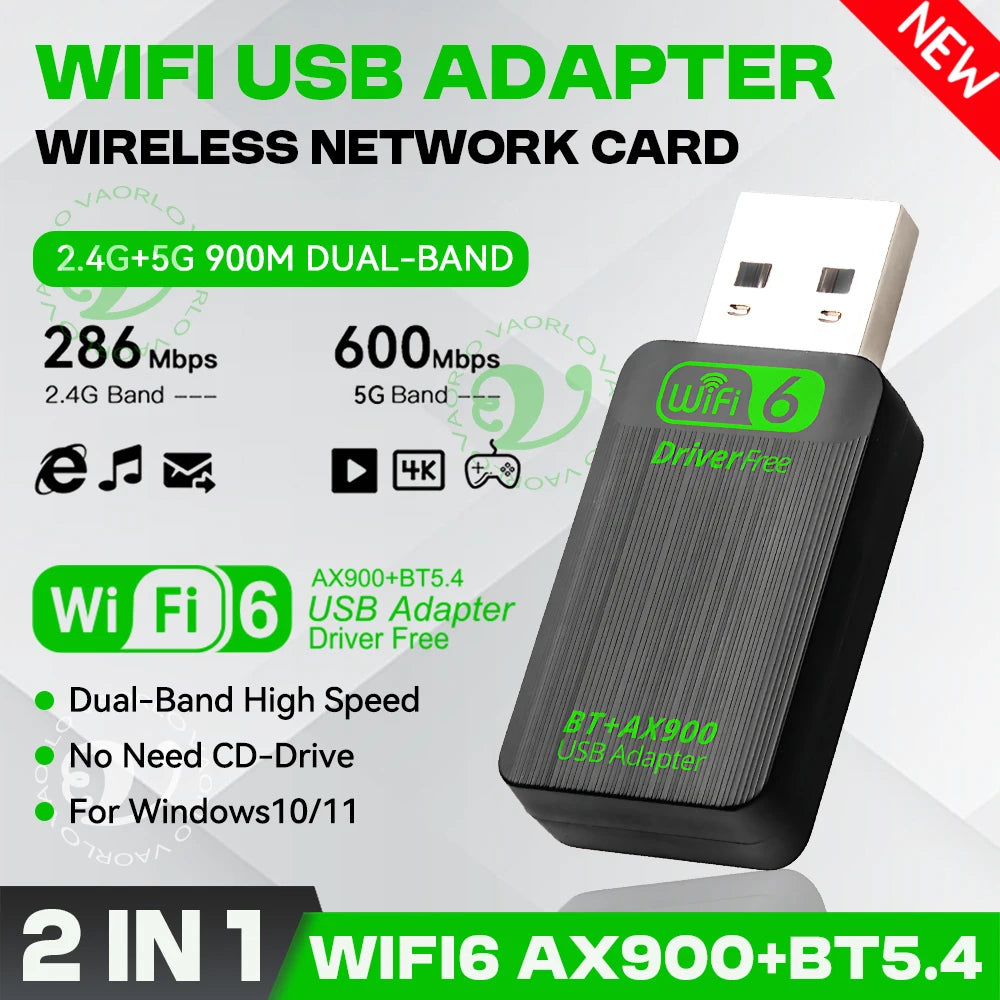 AX900 WIFI6 USB Adapter 2 IN 1 Bluetooth 5.4 Dual Band 2.4G&5G 900Mbps WiFi 802.11AX Wireless Card Receiver Dongle For WIN 10/11 Oasis Select WiFi6 BT5.4 AX900