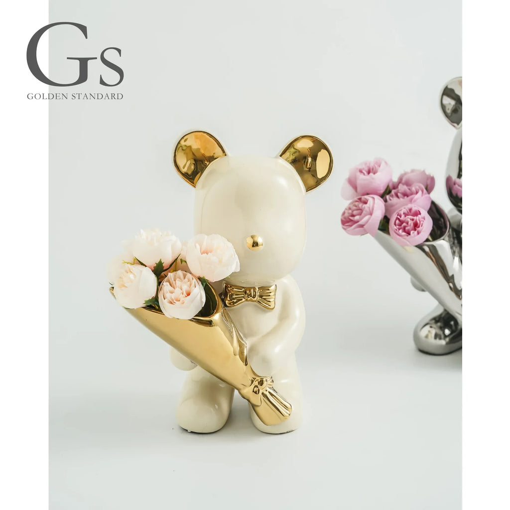 Ceramic Violent Bear Ornament Living Room Simulation Flower Bouquet Bear Tide Play Arts and Crafts Home Starter TV Cabinet Oasis Select Cream gold