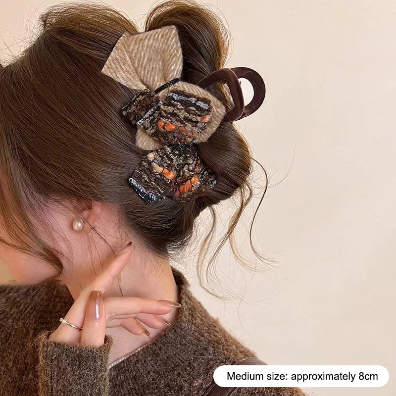 Retro Autumn And Winter Wool-blend Color-block Double Bow Hair Clip For Women Girls Large Shark Clip Hair Accessories Oasis Select A5