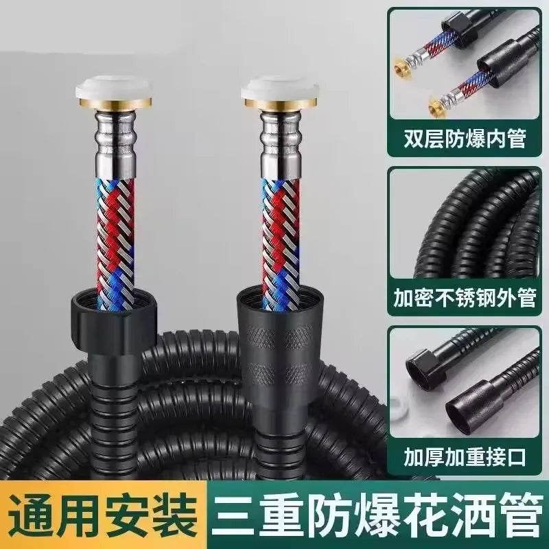 New 1.5/2/3M Black Stainless Steel Braided Inner Pipe Flexible Shower Hose Explosion-proof Bathroom Extension Shower Tube Oasis Select Black 1.5M