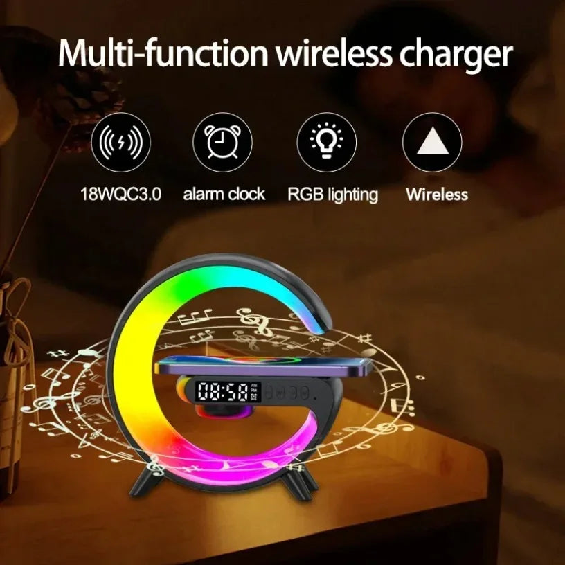 Universally Multi Functional Wireless Speaker with RGB Night Light Alarm Clock For iPhone Samsung Xiaomi Charging Station Oasis Select