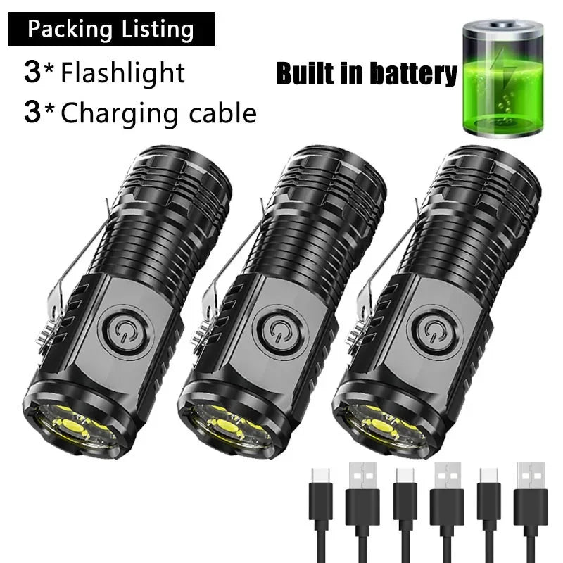 Super Bright Mini 3LED Flashlight With Pen Clip And Tail Magnet,Builtin Battery USB Charge Outdoor Portable Torch Emergency Lamp Oasis Select Black 3PCS