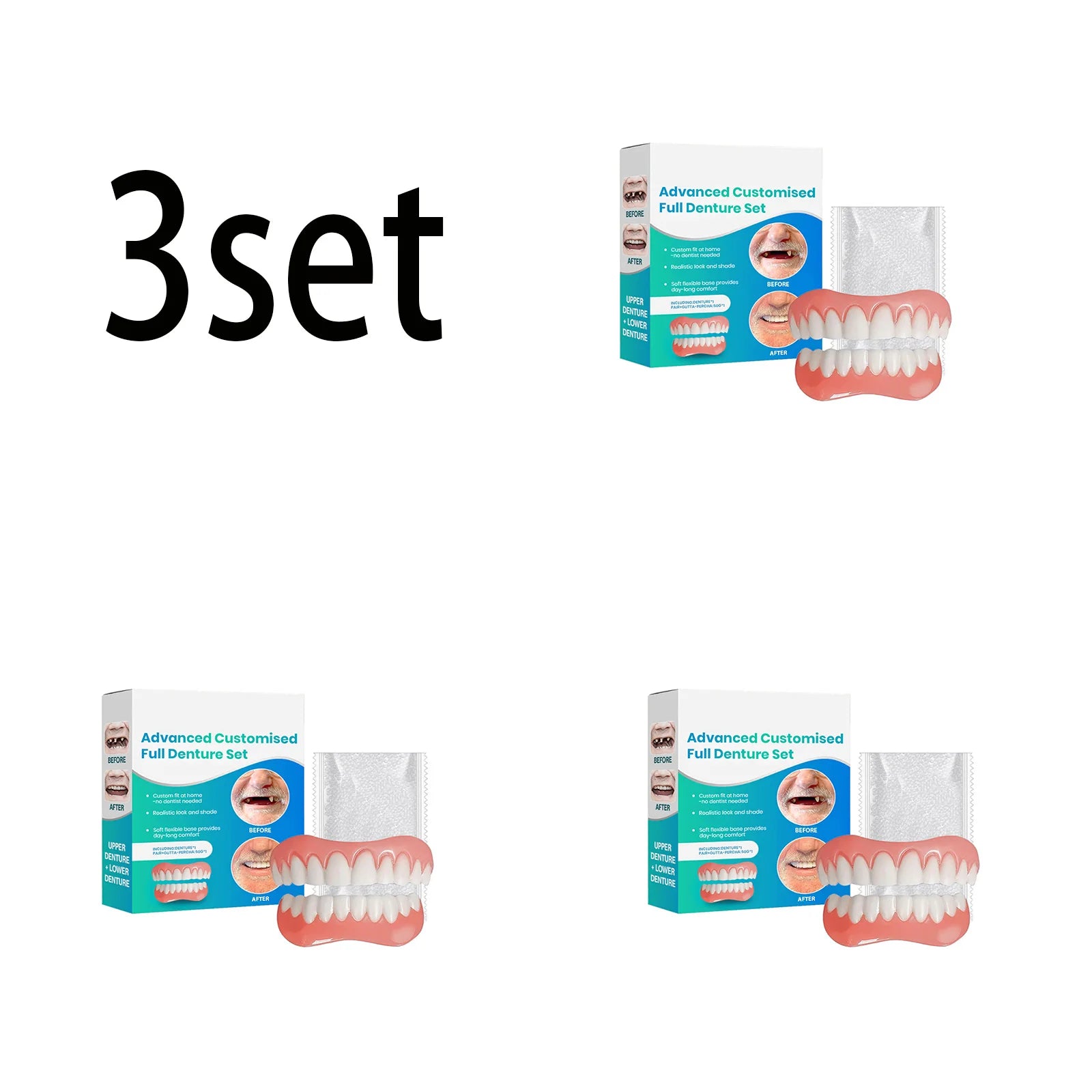 Silicone Denture Set for Upper Lower Teeth Soft Comfortable Bright White Moldable False Teeth Veneers Teeth Kit Fake Tooth Set Oasis Select 3set