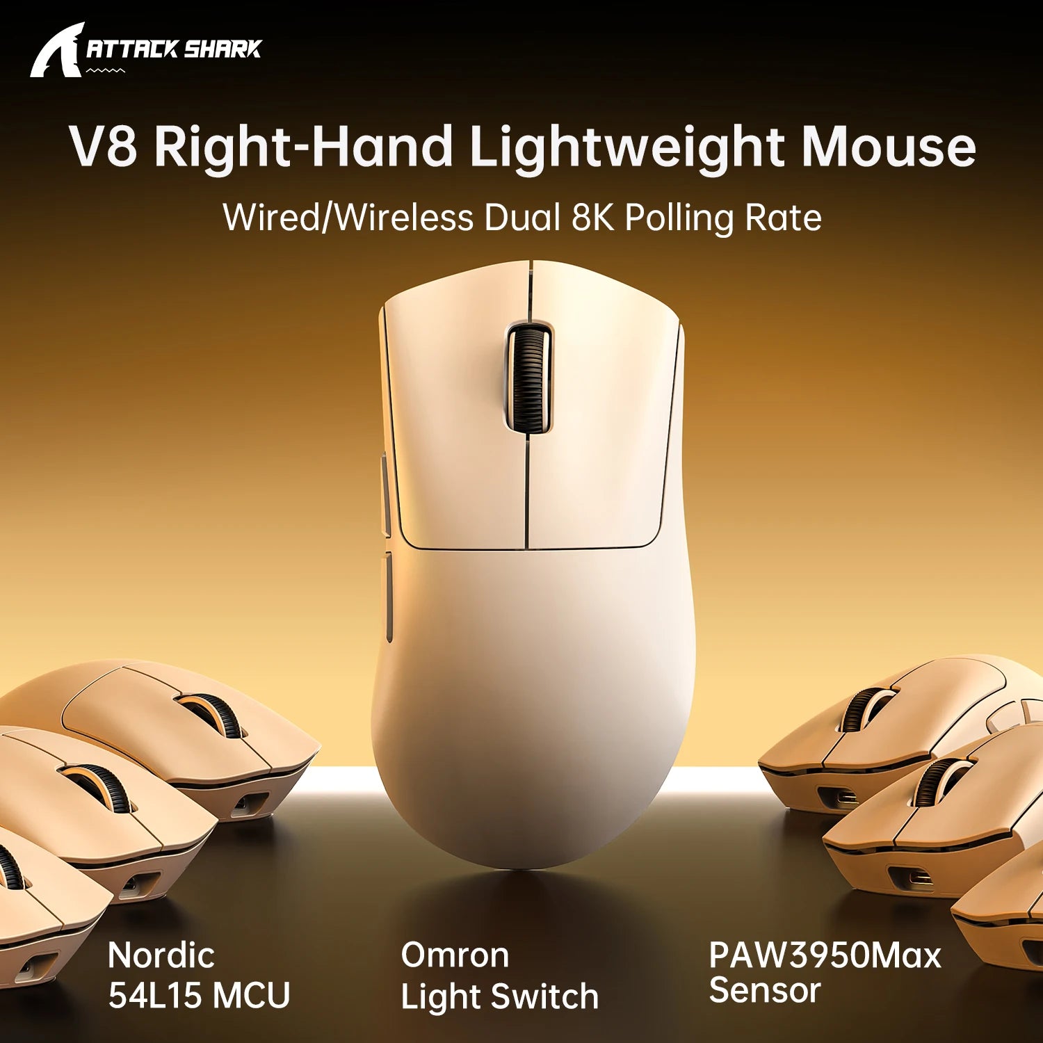 ATTACK SHARK V8 Dual 8K Gaming Wireless Mouse, PAW3950MAX 42K DPI, 8000Hz, 59g Lightweight Ice-Cool Coating, Nordic 54L15 MCU Oasis Select