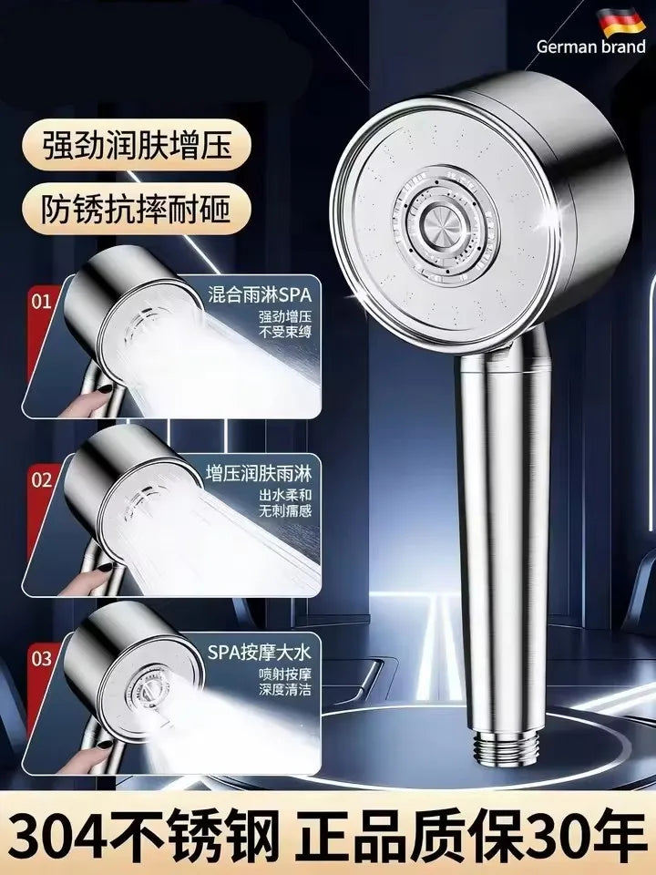 304 Stainless Steel 3 Modes Shower Head Round High Pressure Spa Showerhead Hose Bath Bathroom Faucet Accessories Set Gadgets Oasis Select Upgrade Shower Head