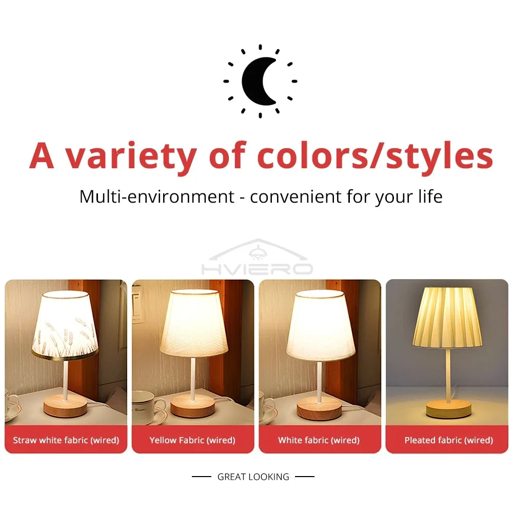 Nordic LED Desk Lamp – Wooden Base & Fabric Shade | USB Night Light