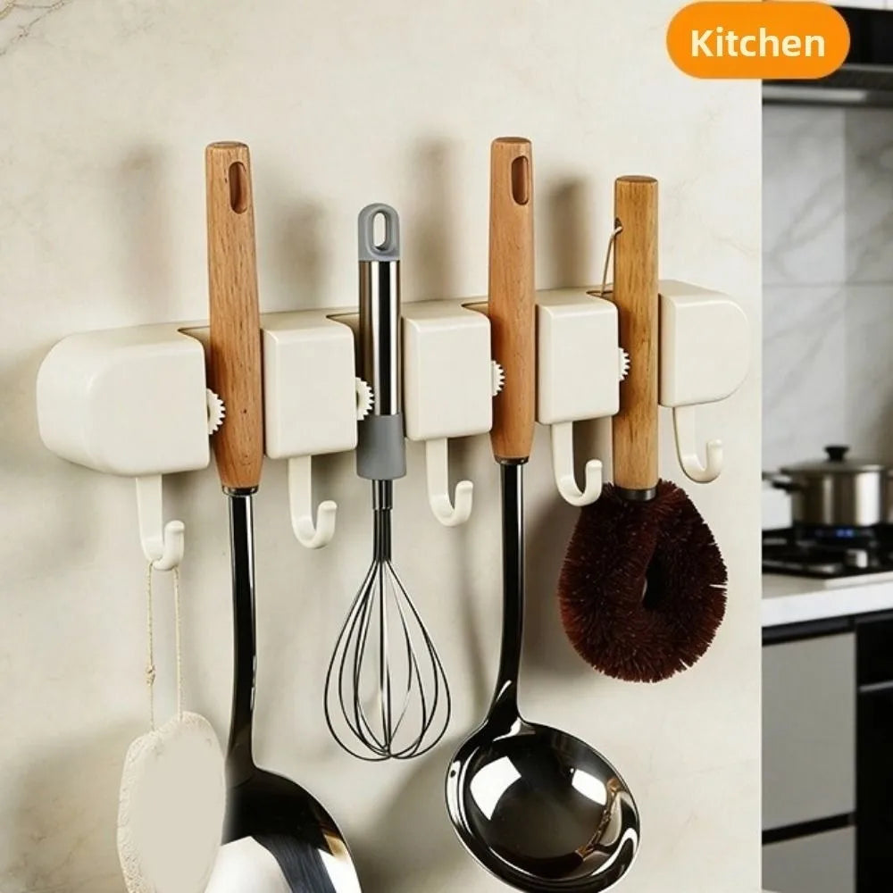Practical Automatic Adjustable Mop Clip 5 Hook Wall Mounted Broom Organizer Clip Rolling Moisture-Proof Broom Hanger Shower Room Oasis Select
