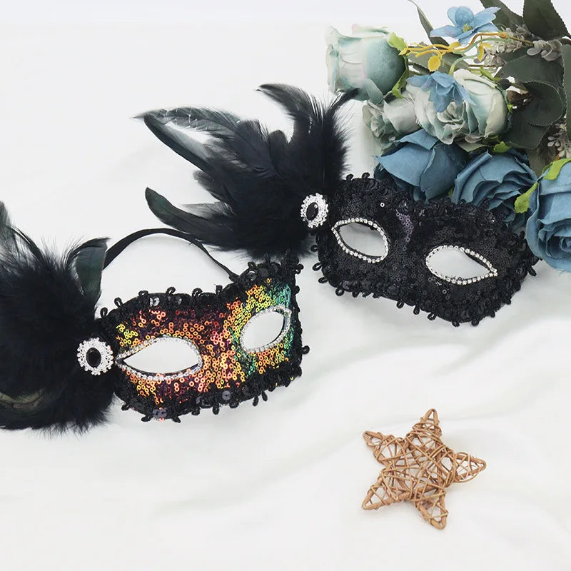 Feathers Sequins Half-Face Mask Masquerade Removable Feather Decor Venetian Mask Halloween Cosplay Party Costume Accessory Oasis Select