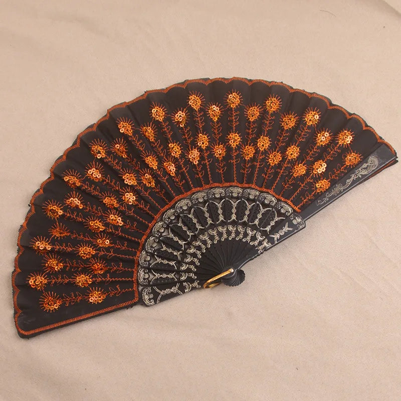 Silk Fan Folding Fan Wedding Art Gifts Peacock Sequin Dancing Fan Hand Held Fan Home decoration Oasis Select J