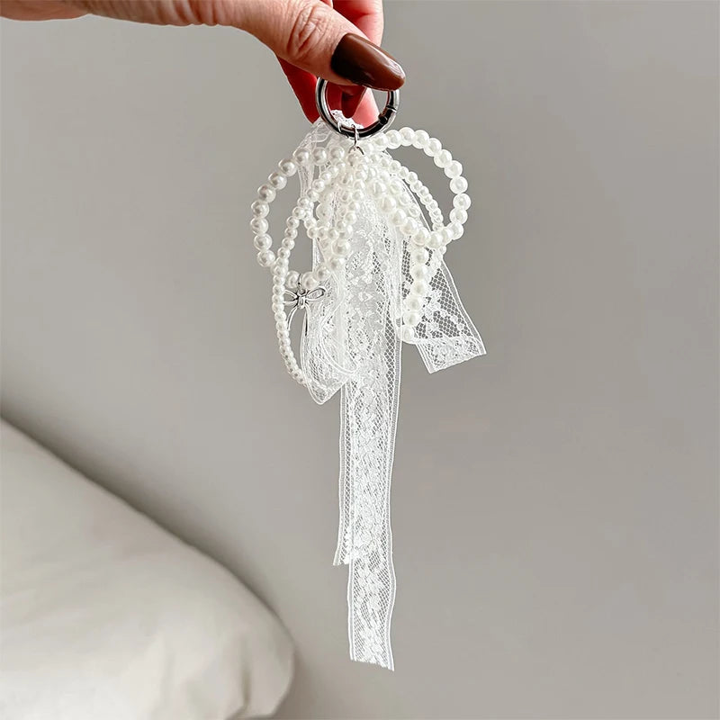 Pearl Lace Bow Charm Keychain – Cute Gift for Women & Girls Bow Charm Keychain Oasis Select White