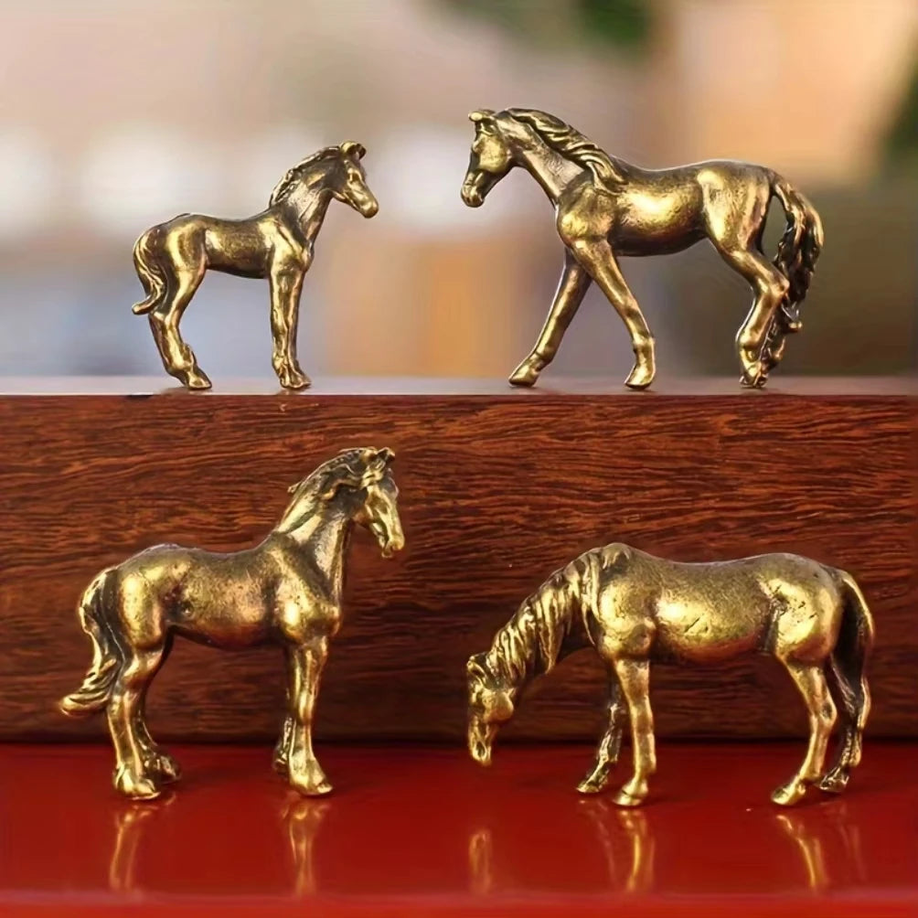 Miniature Antique Brass Long Tail Horse Figurines Feng Shui Ornament Copper Zodiac Animal Mini Desktop Crafts Home Decor gifts Oasis Select