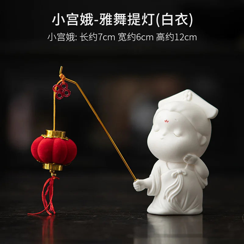 Cute Little Palace Maid Incense Burner Ornament New Chinese Style Ceramic Tang Dynasty Female Living Room Home Oasis Select Lantern white Dress