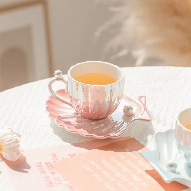 Shell Ceramic Mugs, Women's Coffee Water Cups Household Pearl Cup and Dish Sets High Appearance Level Cups Oasis Select
