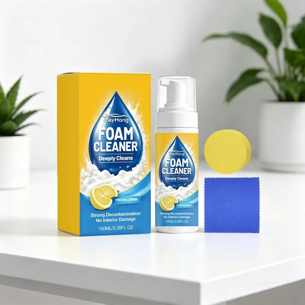 Car Interior Foam Cleaner Set – Lemon Scent, Sponge & Towel