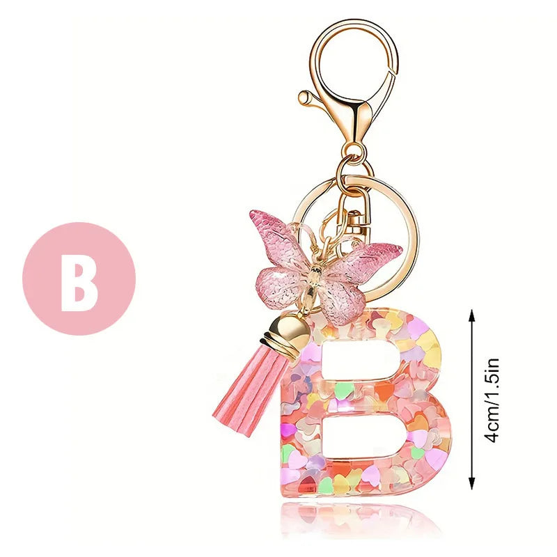 1pc Pink Glitter Letter Keychain with Heart Butterfly Tassel Crystal Resin Charm Fashion Accessory Gift for Women & Girls Oasis Select B