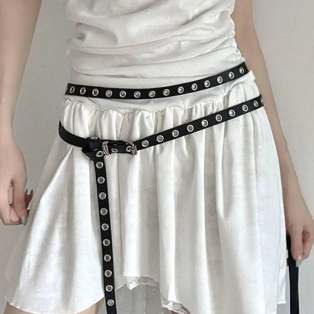 Punk Double Ring Thin Belt – PU Leather Women's Waistband