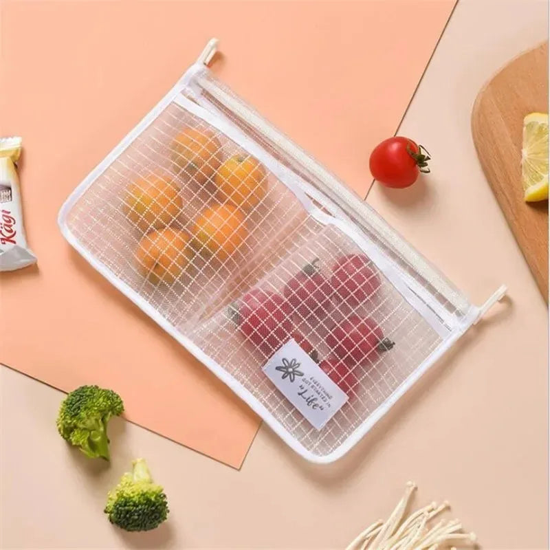 1Pcs Refrigerator Storage Mesh Bag Double Compartment Hanging Pouch Kitchen Organizer Pockets with Hook Washable Fridge Net Bag Oasis Select