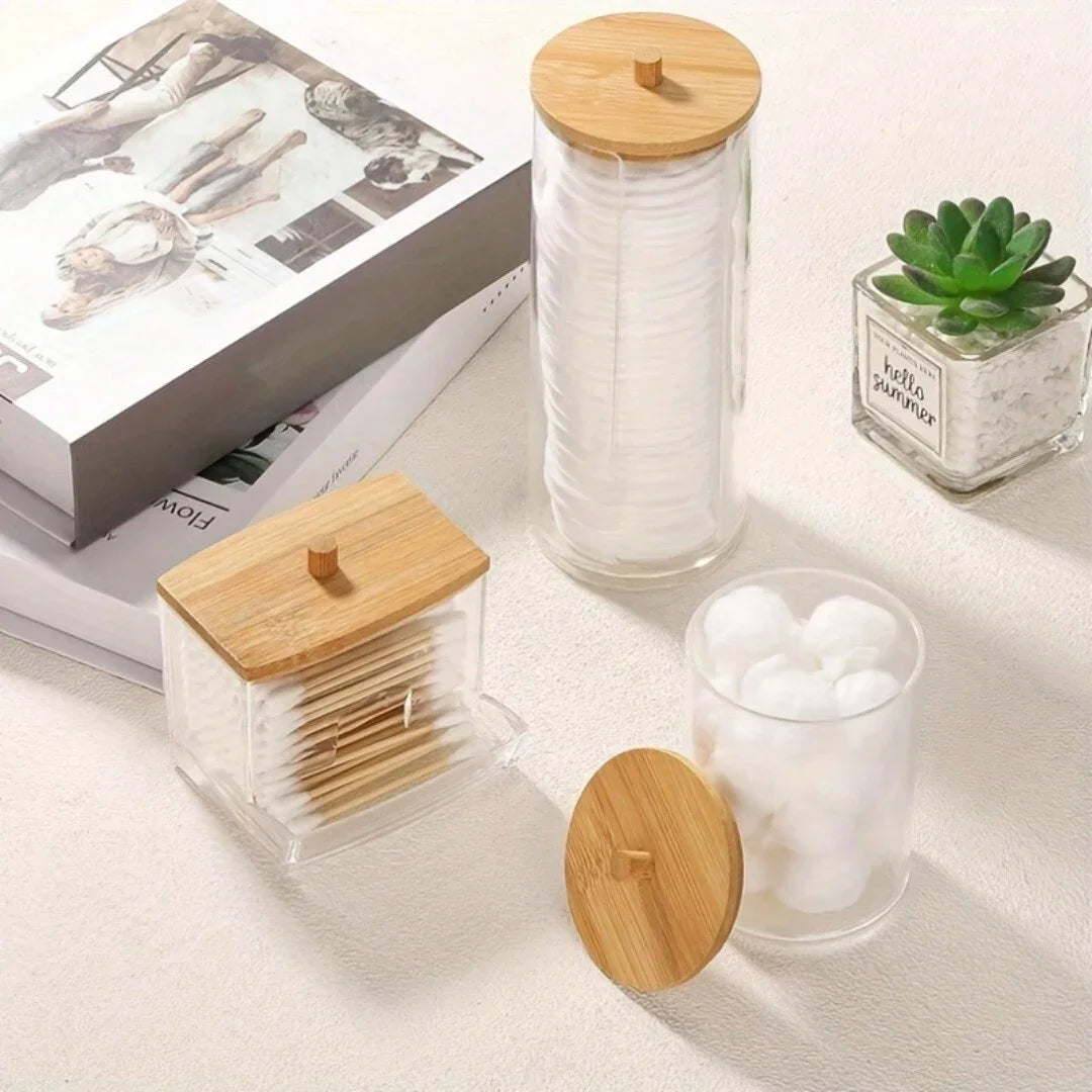 3pcs/set Makeup Coton Storage Box, Bamboo Lid Coton Swab Box, Portable Dust-Proof Transparent Placement Box, Bathroom Vanity Oasis Select