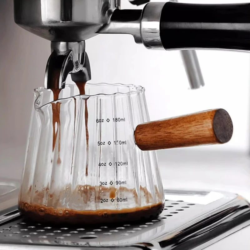 180ML Espresso Cup with Wood Handle Coffee Measuring Glass Milk Frothing Jug Latte Creative Stripe Art Mug Coffee Accessories Oasis Select