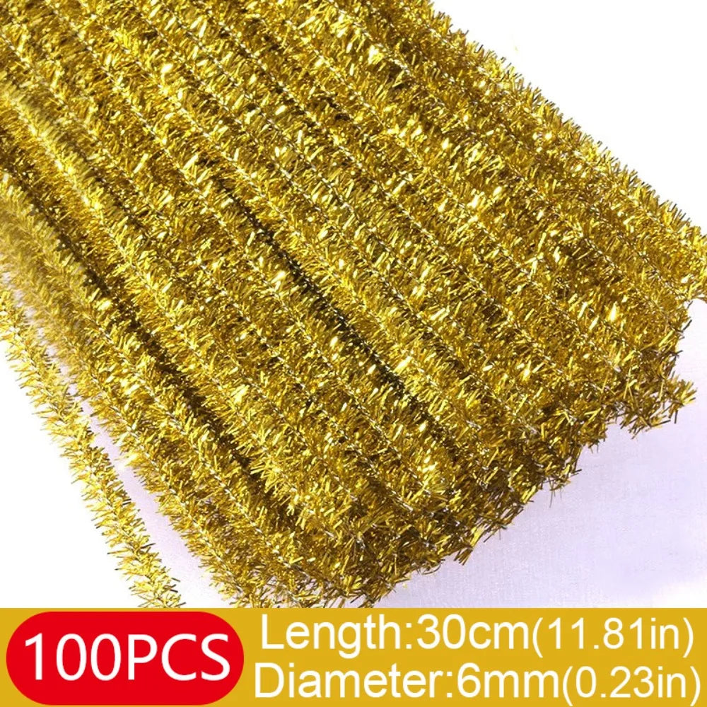 100pcs New 30cm Glitter Chenille Stems Wool Top Christmas DIY Craft Supplies Torsion Bar Tinsel Stems Oasis Select Light Gold