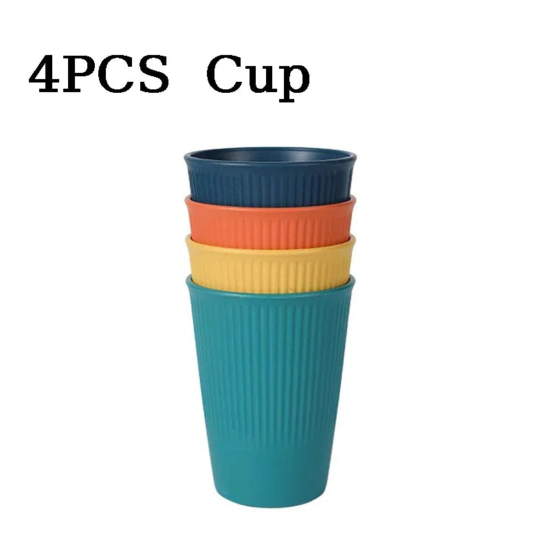 4pcs Wheat Straw Dinnerware Set Eco-friendly Safety Plates Cups Bowels Home Party Tableware Set Outdoor Camp Candy Colour Gift Oasis Select 4PCS Cup