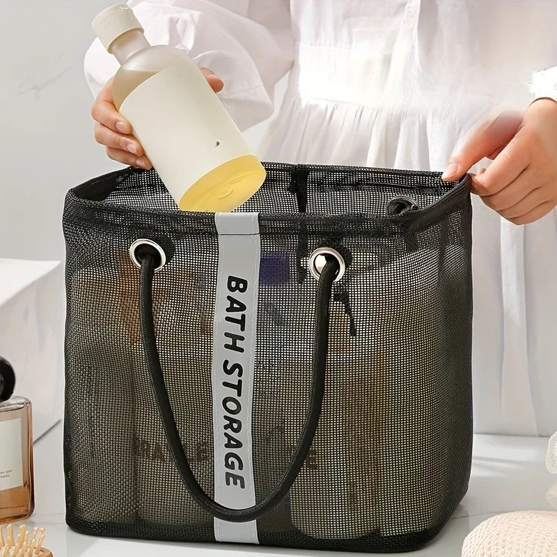 Portable Mesh Toiletry Bag Handle Quick Drying Large Capacity Bathroom Shower Travel Makeup Tote Handbag Organizer Basket Oasis Select black