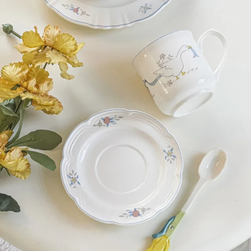 Cartoon Swan Floral Ceramic Mugs Coffee Cups Plate Set Milk Tea Cup Ins Korean Style Oatmeal Breakfast Mug Drinkware Kitchen Cup Oasis Select