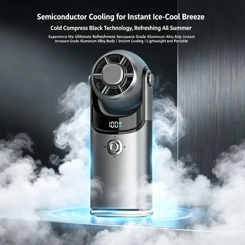 2026 Mini Ice Cooling Handheld Fan Semiconductor Turbo 100 Speed 3600mAh Rechargeable LED Display Portable Aluminum Neck Desktop Oasis Select