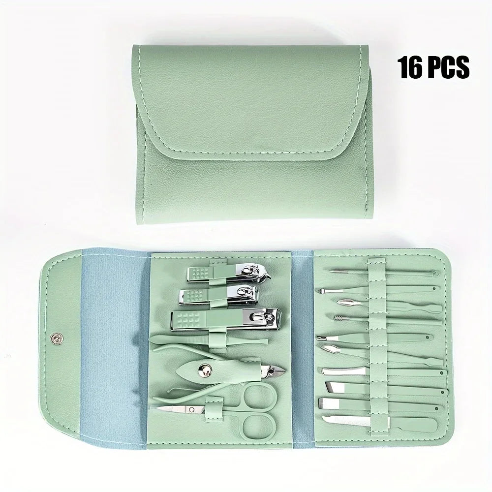 16pcs Professional Nail Clippers and Cuticle Nippers Set with Travel Case Manicure Set Pedicure Sets Nail Clippers Oasis Select green